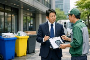 ビジネスマンと廃棄物作業員の対話