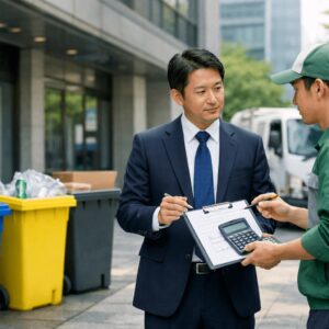 ビジネスマンと廃棄物作業員の対話