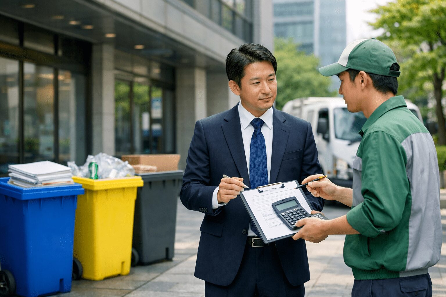ビジネスマンと廃棄物作業員の対話