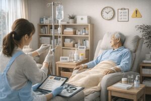 介護士とともにIV滴注を調整