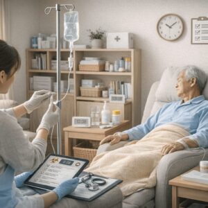 介護士とともにIV滴注を調整